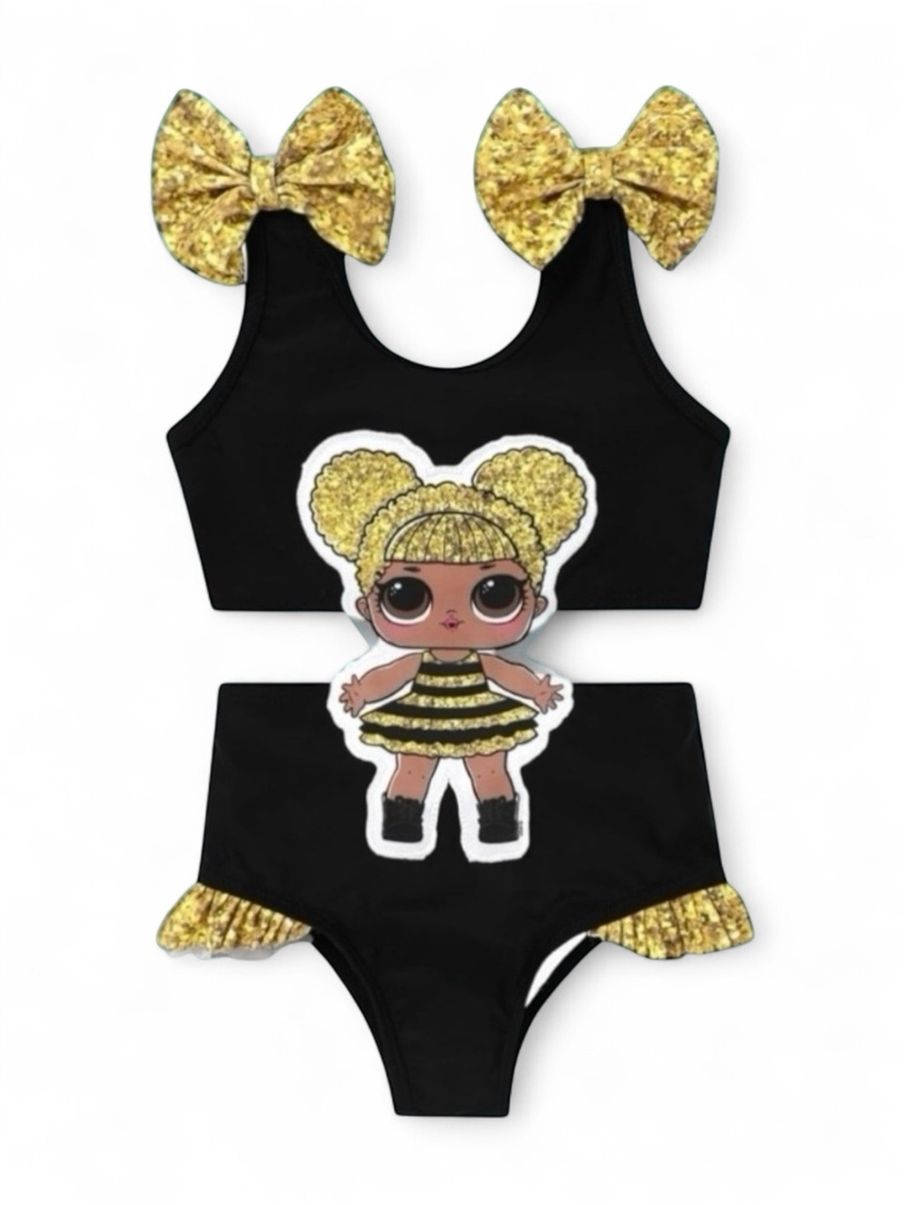 NWT LOL Surprise Queen Bee 1-Piece Monokini Ruffle Gold Bow Swimsuit 🛍️2/$8•3/$9